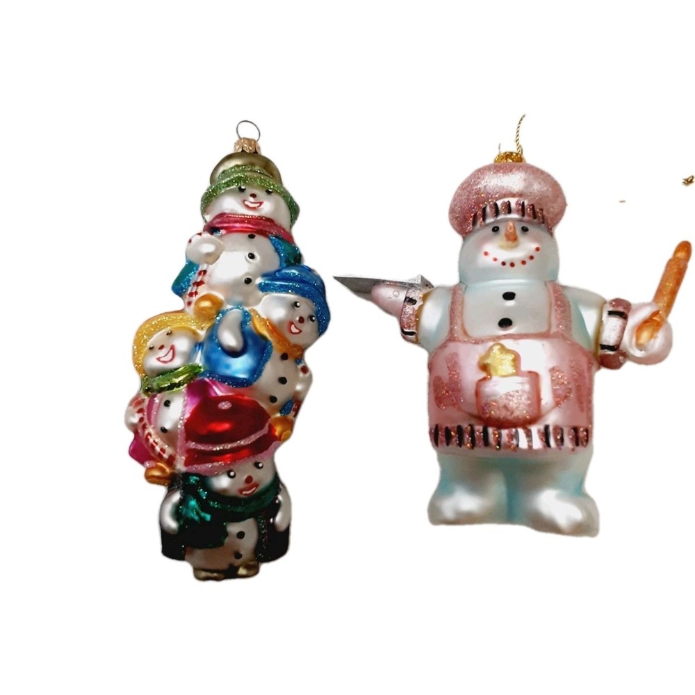 Glass Christmas Ornaments Snowman Pyramid Gingerbread Cookies Lot of 2